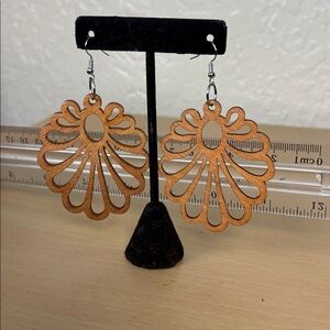 Handcrafted Floral Cutout Wood Earrings - Brown